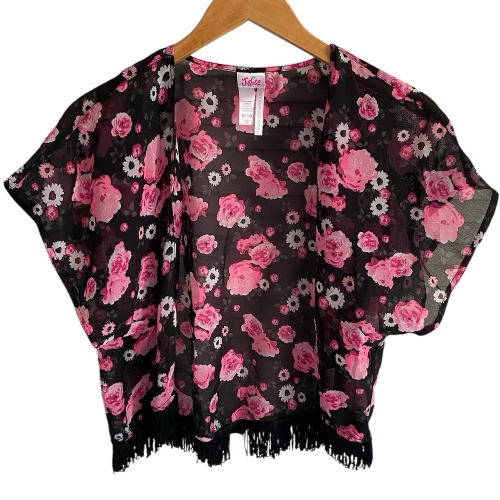Justice Girls’ Black and Pink Floral Kimono Top with Black Fringe in Size 8/10